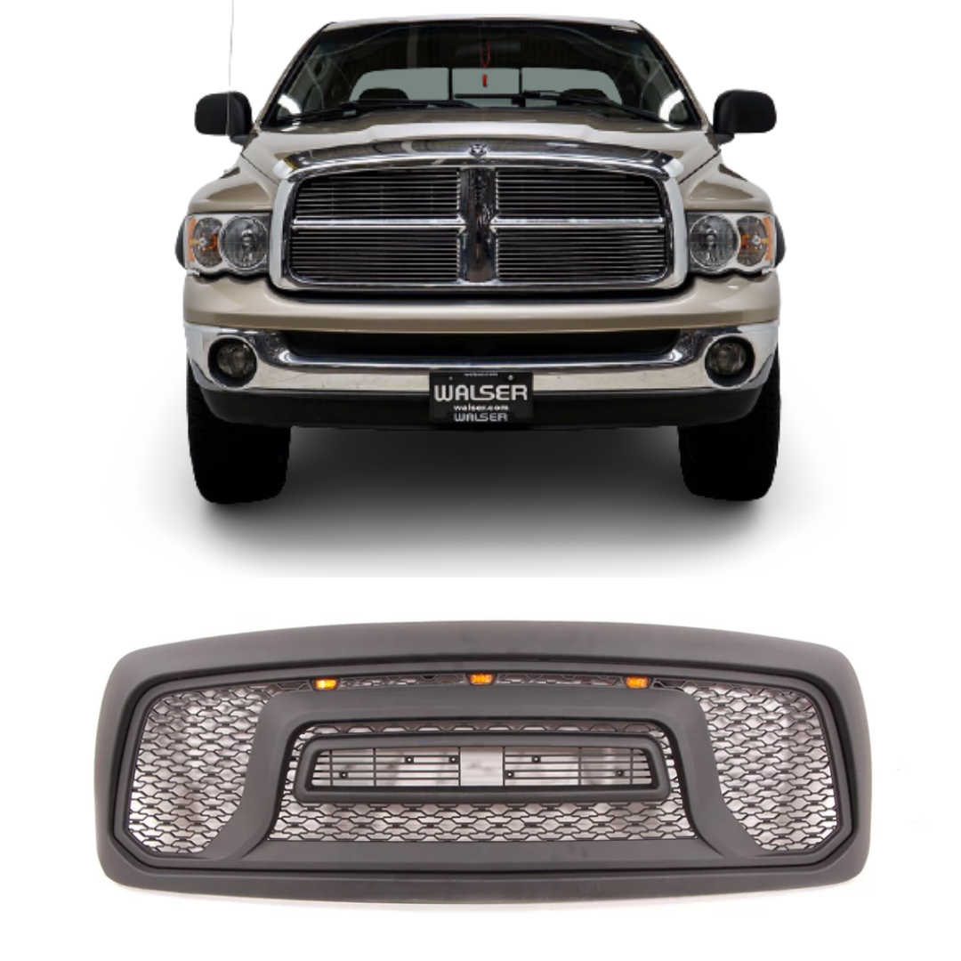 for 2002 2003 2004 2005 Dodge Ram 1500 Grill Black Rebel Style With Letters And Amber LED Lights