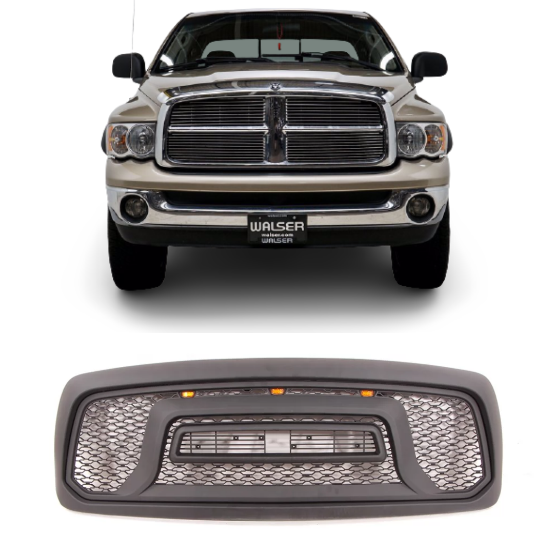 for 2002 2003 2004 2005 Dodge Ram 1500 Grill  Black Rebel Style With Letters And Amber LED Lights