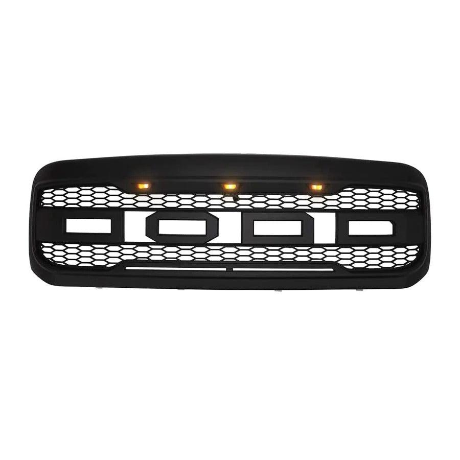 1999-2004 Ford F250 F350 F450 Grille - Matte Black Raptor Style Super Duty With 3 Amber LED Lights & Letters - trucfri