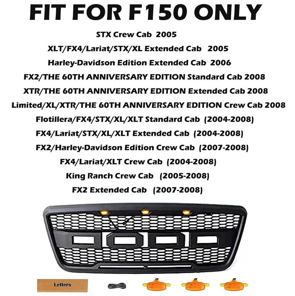 2004-2008 Ford F150 Grill - Matte Black Raptor Style W/3 Amber LED & Letters - trucfri