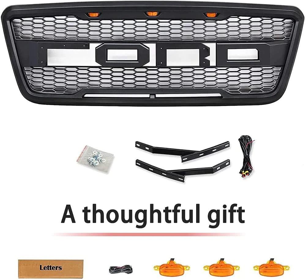 2004-2008 Ford F150 Grill - Matte Black Raptor Style W/3 Amber LED & Letters - trucfri