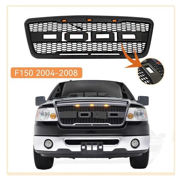 2004-2008 Ford F150 Grill - Matte Black Raptor Style W/3 Amber LED & Letters - trucfri