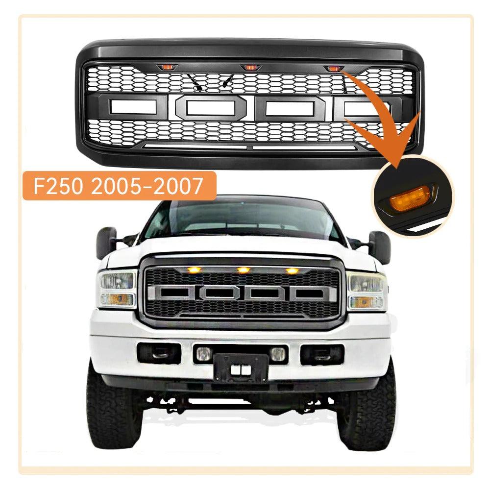 2005-2007 Ford F250 F350 Grille - Black Raptor Style Super Duty W/LED Lights & Letters - trucfri