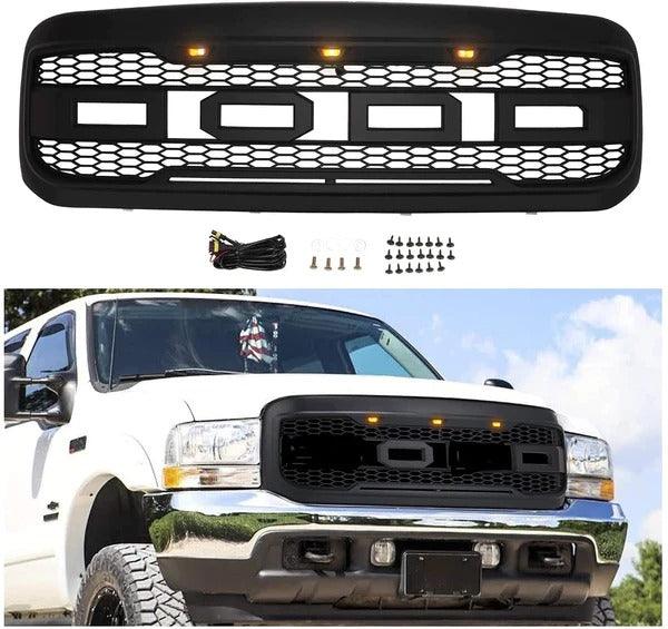 2005-2007 Ford F250 F350 Grille - Black Raptor Style Super Duty W/LED Lights & Letters - trucfri