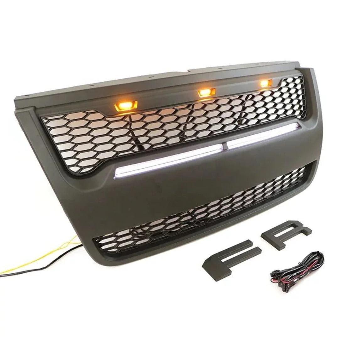 2006-2010 Ford Explorer Grill - Matte Black Sport Trac Raptor Style With Letters & Lights - trucfri