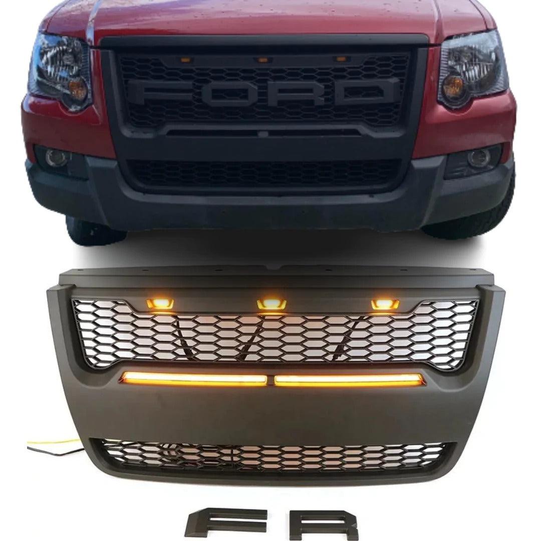2006-2010 Ford Explorer Grill - Matte Black Sport Trac Raptor Style With Letters & Lights - trucfri