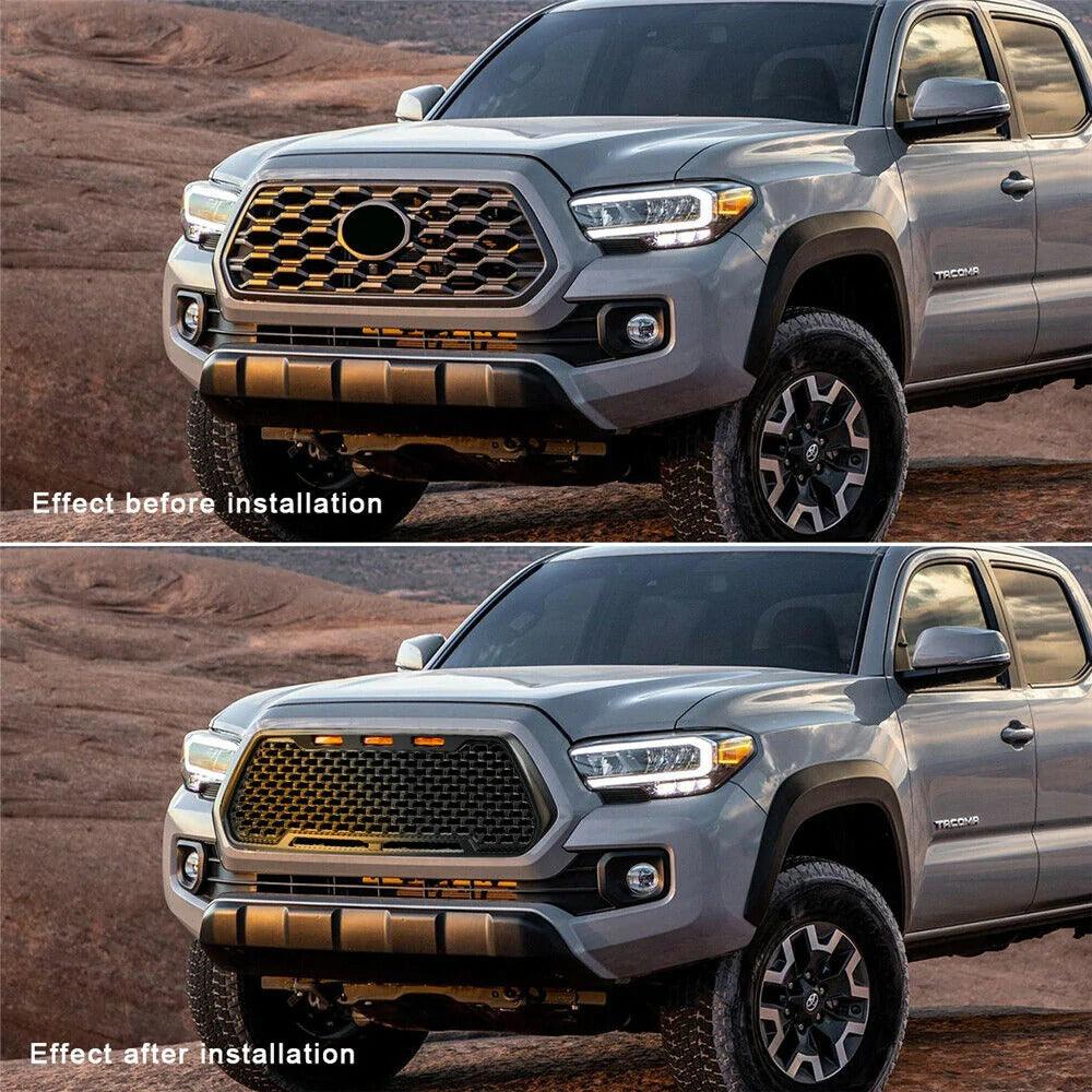 2016-2020 Toyota Tacoma Grille - Black With 3 Amber DRL LED Lights - trucfri