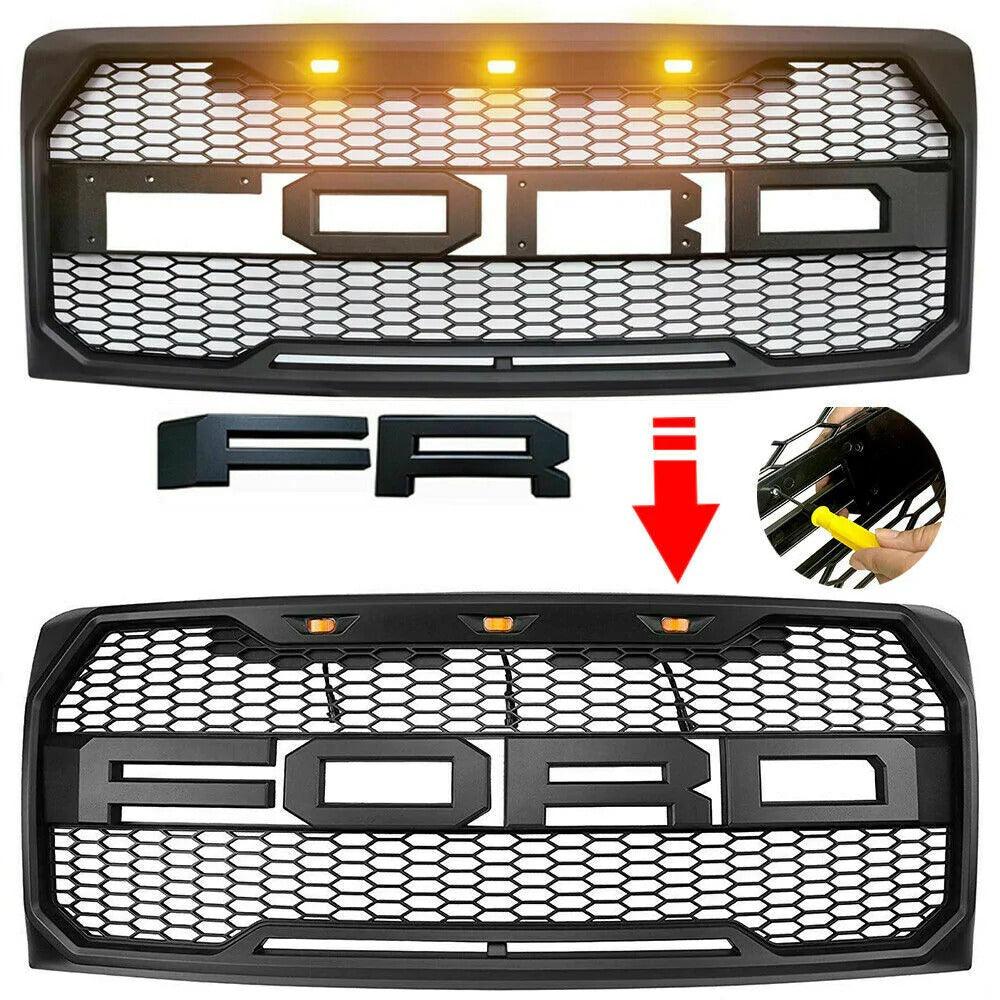 2017-2019 FORD F250 F350 Grill - Matte Black Super Duty Raptor Style W/LED Lights & Letters - trucfri