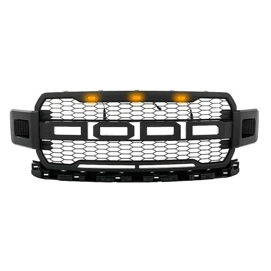 2018-2020 Ford F150 Grill - Matte Black Raptor Style Front Bumper Hood W/ LED Black - trucfri