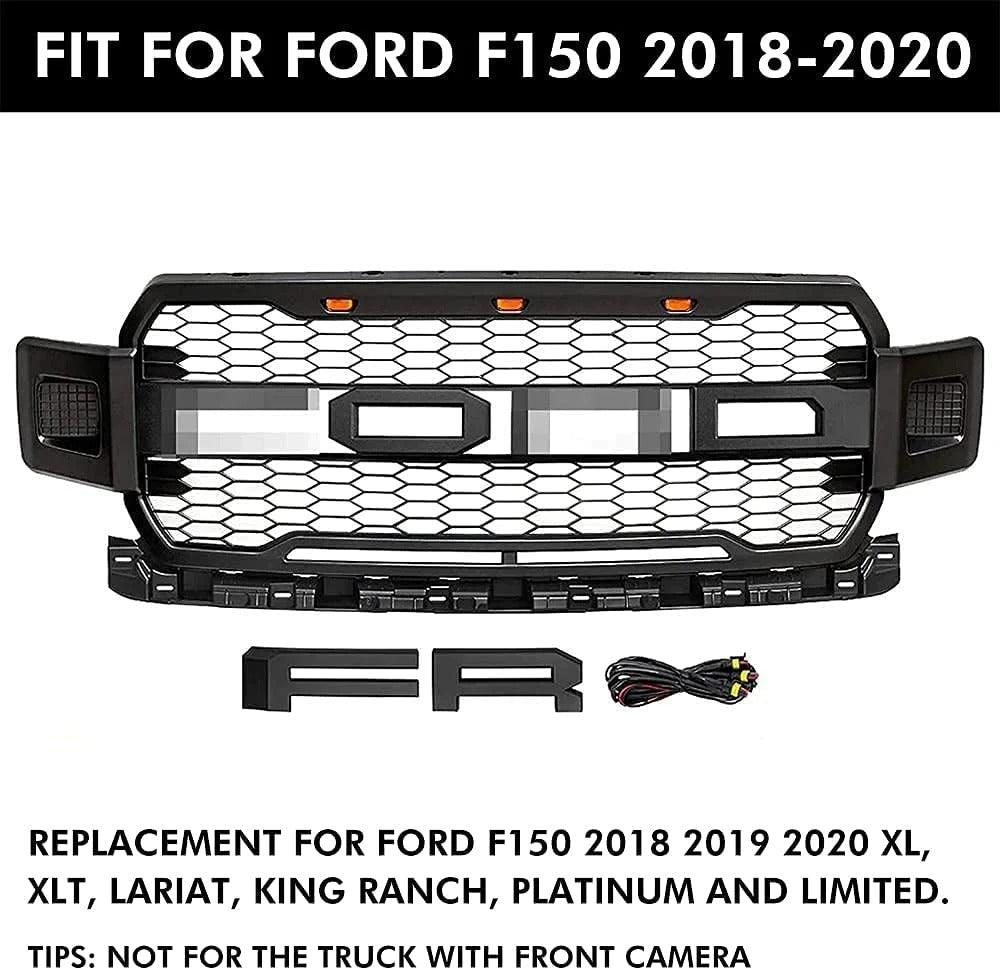 2018-2020 Ford F150 Grill - Matte Black Raptor Style Front Bumper Hood W/ LED Black - trucfri