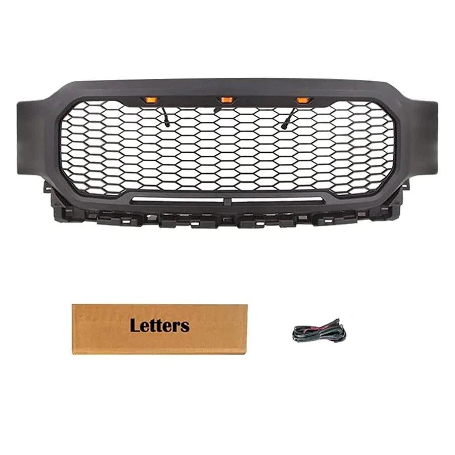 2021-2022 Ford F150 Grill - Raptor Style Matte Black W/LED Amber & Letters - trucfri