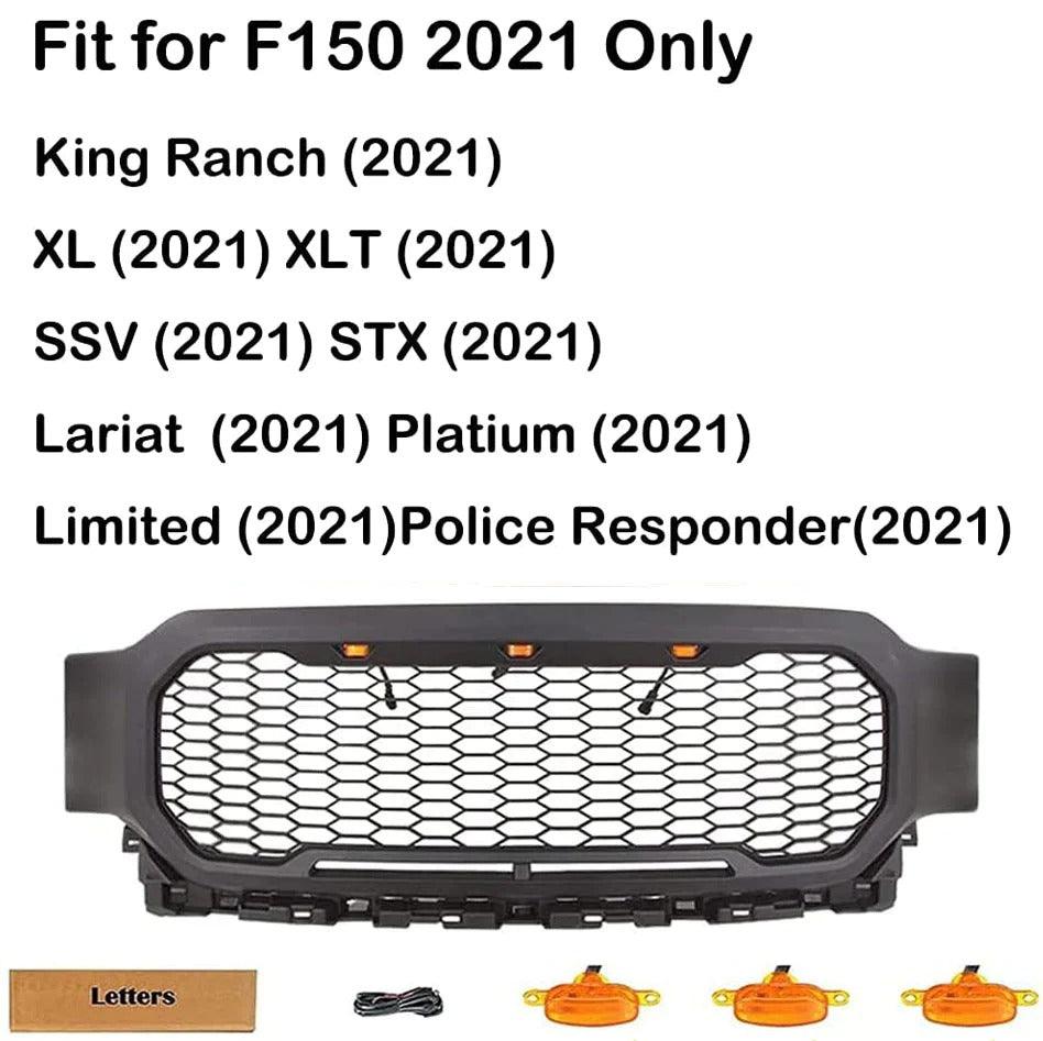 2021-2022 Ford F150 Grill - Raptor Style Matte Black W/LED Amber & Letters - trucfri