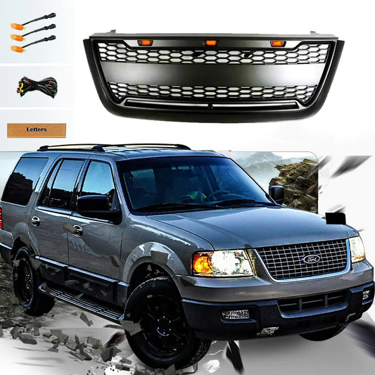 2003 2004 2005 2006 Ford Expedition Raptor Style Front Grill  W/Lights & Letters Matte Black