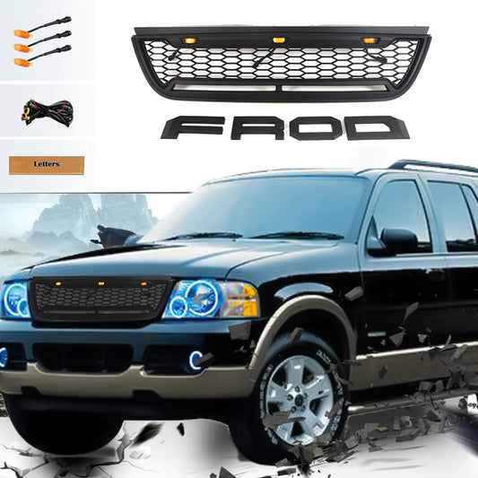 for 2002 2003 2004 2005 Ford Explorer/Sport Trac Raptor Style Front Grill With Letters & Lights Black