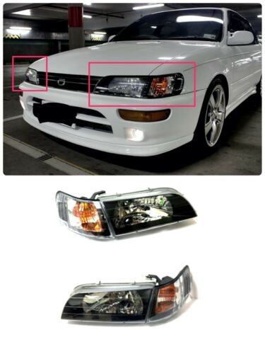 For 93 97 Toyota Corolla JDM Black Headlights Lamps LH RH Glass Lenses