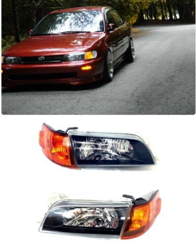 Fit For 93 97 Toyota Corolla JDM Black Headlights Lamps LH RH CRYSTAL GLASS