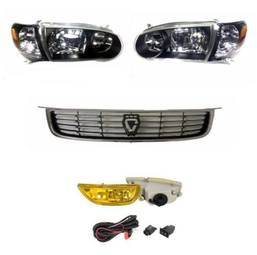 For 00 02 Toyota Corolla Black Headlights Corner Yellow Fog Lights Chrome Grille